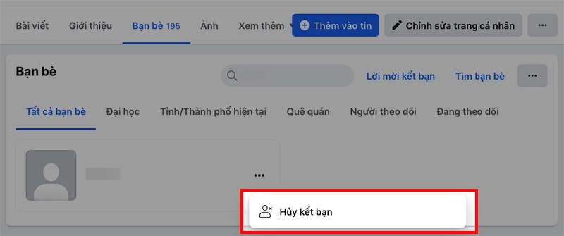 Cách hủy kết bạn facebook bằng máy tính