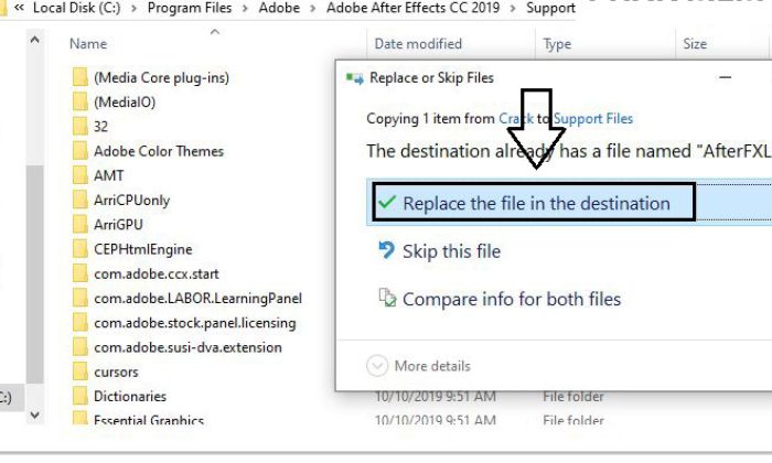 Click Replace the file in the destination