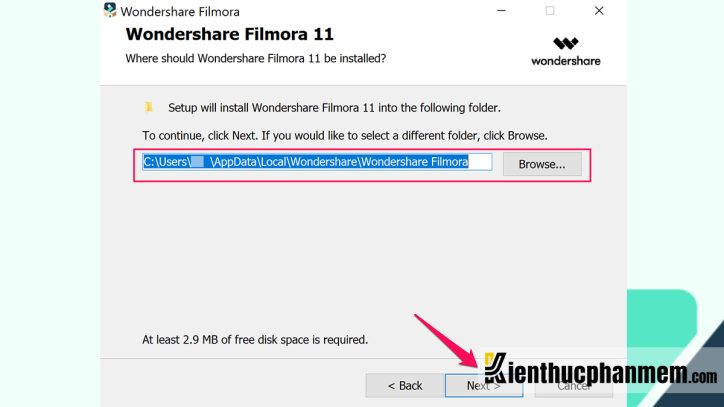 Lựa chọn thư mục để cài đặt phần mềm Filmora 11