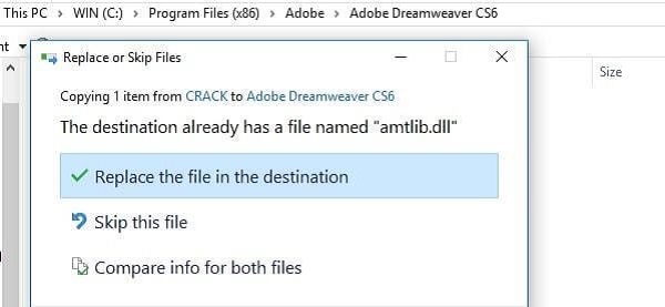 Nhấn chọn Replace the file in the destination