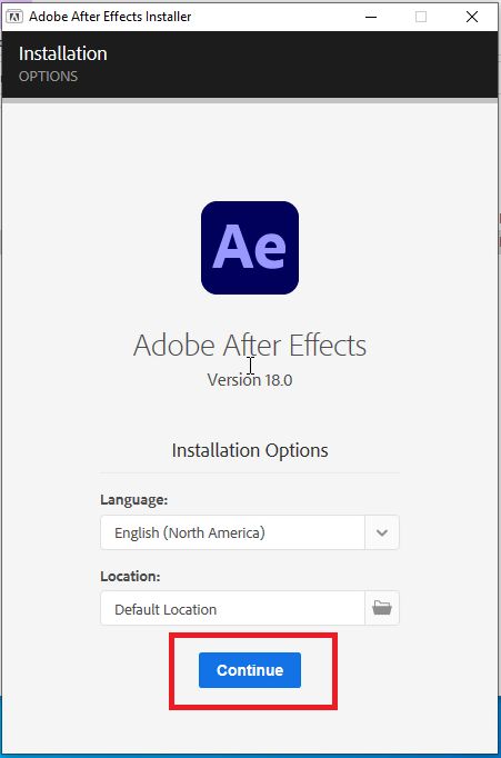 Chọn ngôn ngữ và nhấn chọn Continue để cài đặt Adobe After Effects 2021