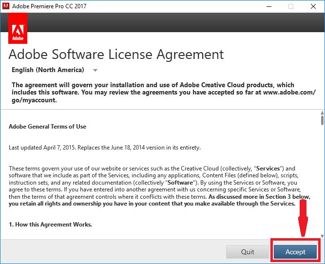 Nhấn chọn Accept để đồng ý với các điều khoản của Adobe Premiere Pro CC 2017