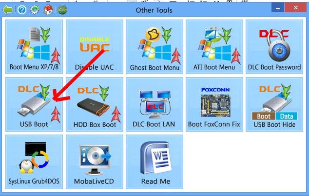 Nhấn chọn biểu tượng USB trên màn hình quản lý của DLC Boot
