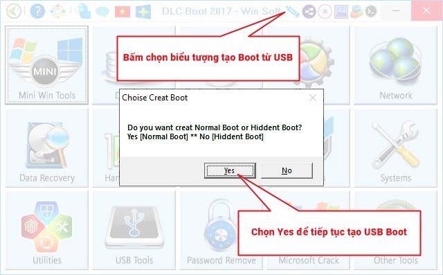 Nhấn chọn biểu tượng USB và chọn Yes để tiếp tục tạo Boot