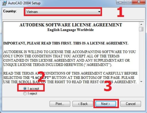 Nhấn chọn I Accept để chấp nhận các điều khoản của Autocad 2004 và nhấn chọn Next để tiếp tục