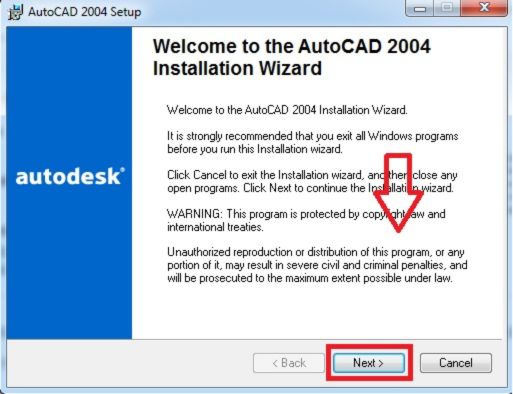 Nhấn Next để tiếp tục cài đặt Autocad 2004