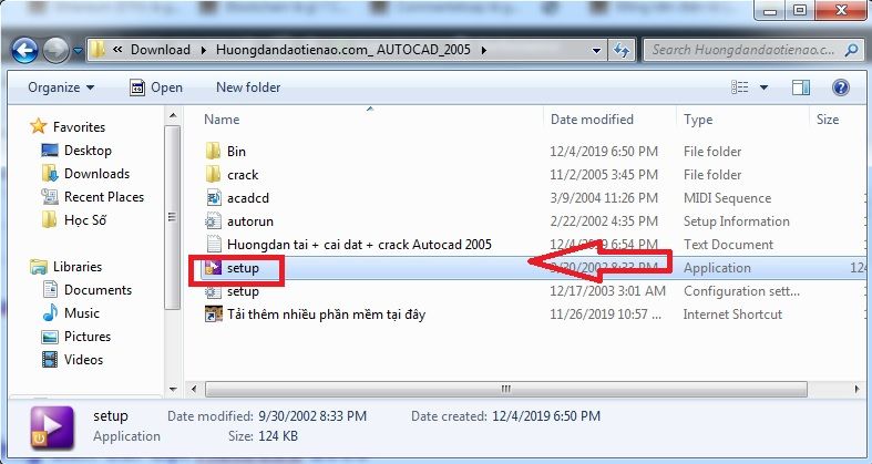 Tải file Autocad 2005 và giải nén file Setup để bắt đầu cài đặt phần mềm