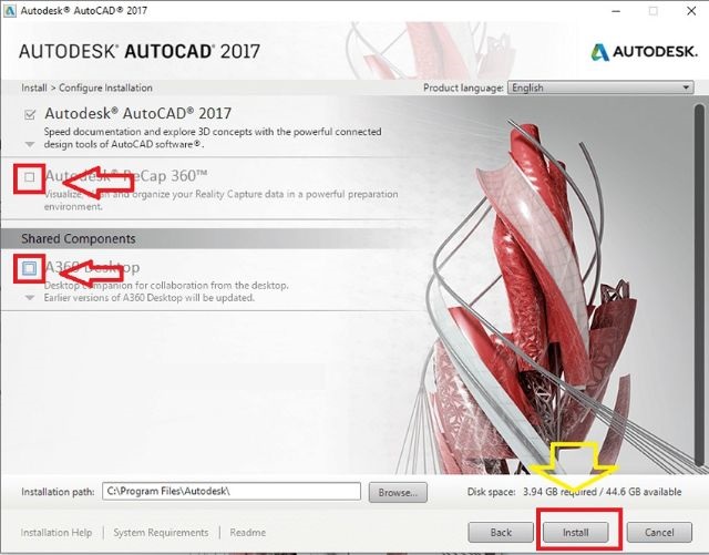 Tiến hành chọn Autodesk autocad 2017 và Install 