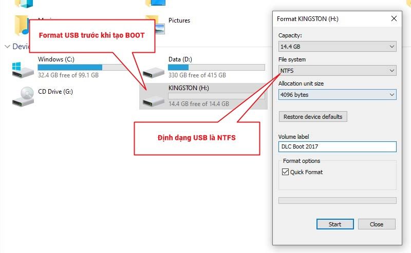 Tiến hành Format USB với định dạng NTFS trước khi tạo Boot