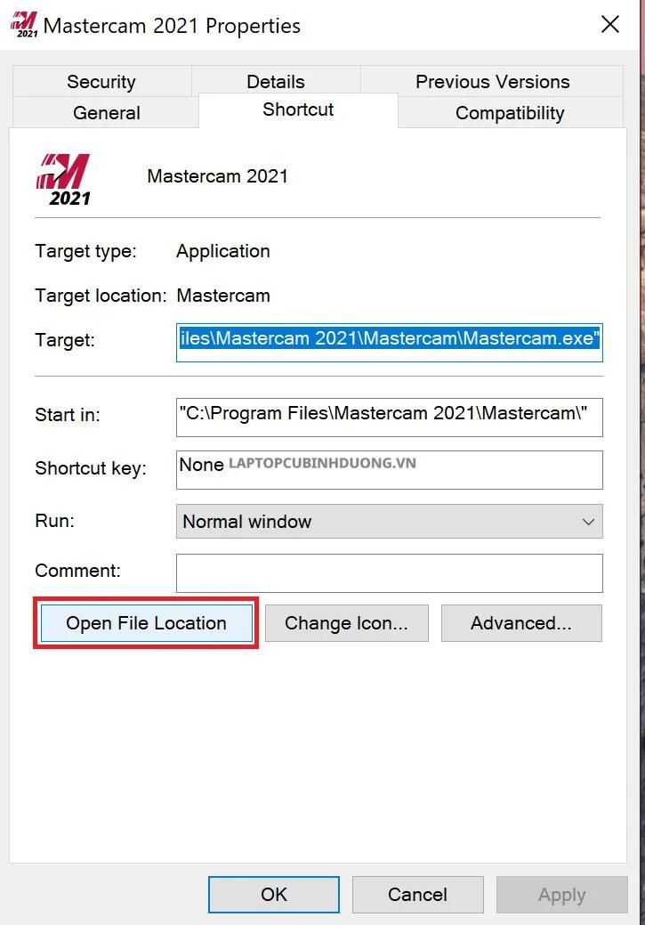 Trong thẻ Shortcut hãy nhấn chọn Open File Location