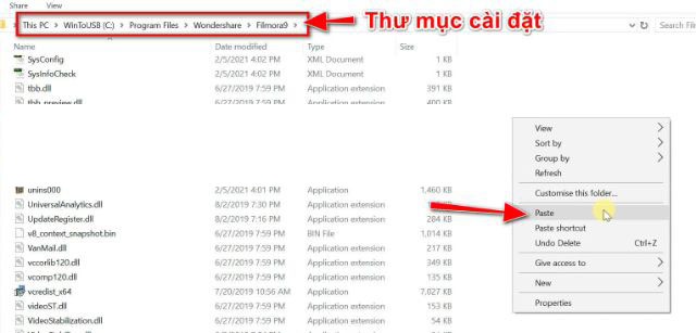 Dán 2 file từ thư mục crack vào thư mục cài đặt mặc định Filmora 9