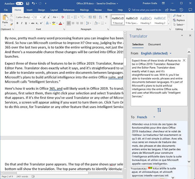 Tính năng hỗ trợ dịch văn bản của office 2019