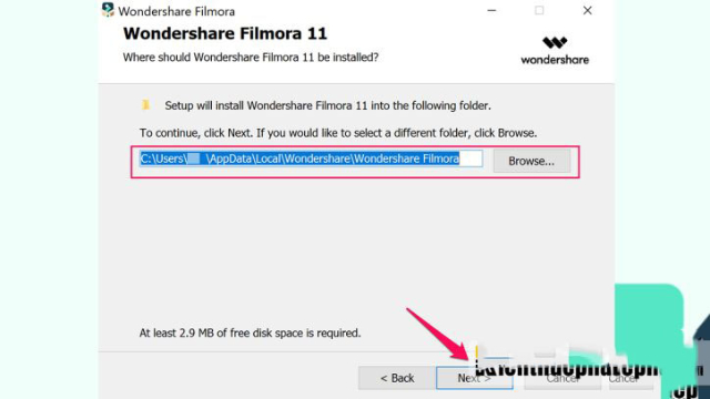 Lựa chọn thư mục để cài đặt phần mềm Filmora 11